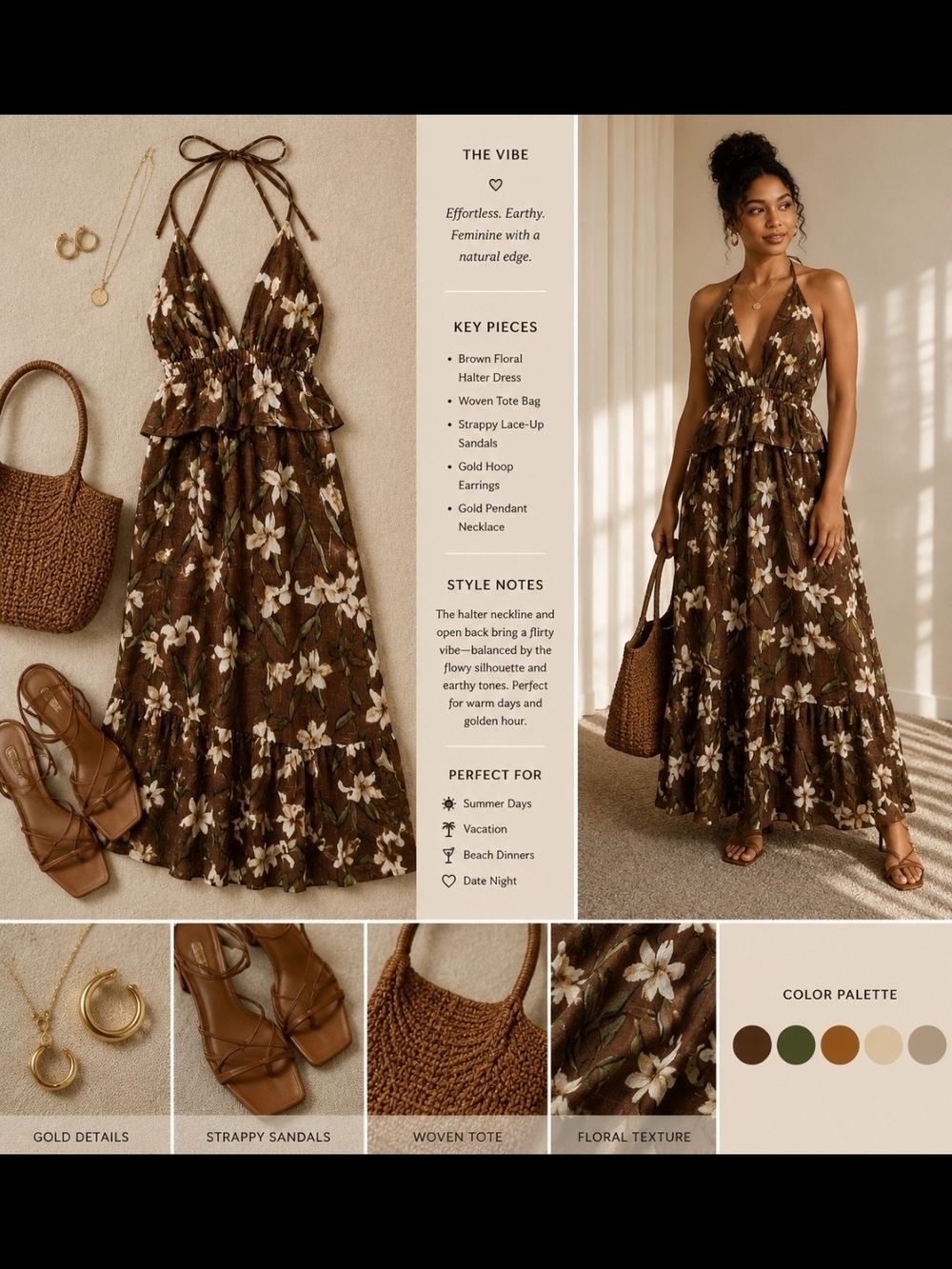Target Brown Floral Halter Maxi Dress with Cream & Green Accents